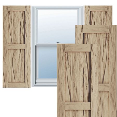 EKENA MILLWORK Rustic Two Equal Panel Flat Panel Riverwood Faux Wood Shutters (Per Pair), Primed Tan, 18"W x 42"H SHUFP18X42RWPR